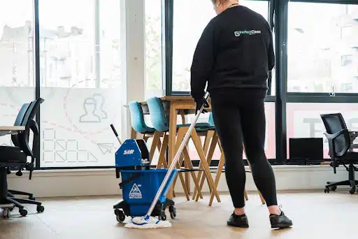 A professional cleaning company cleans a university dining hall.